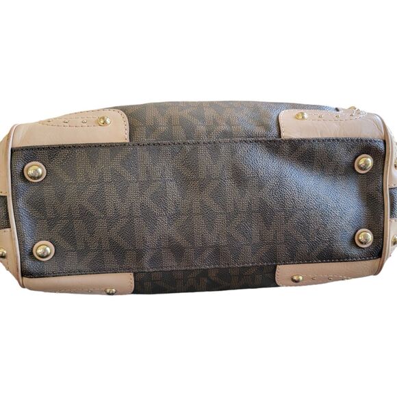 Michael Kors Brown Monogram Drawstring Satchel Handbag Purse Double Top Handle - Picture 3 of 16